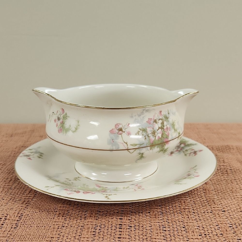 Vintage Theodore Haviland Apple Blossom Gravy Boat with Saucer